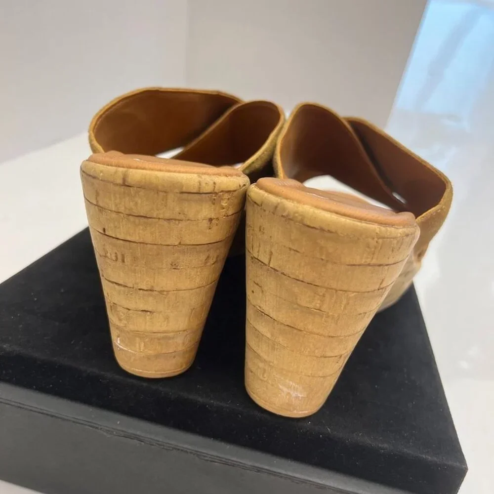 Mila Paoli Italy Suede Cross Strap Cork Wedge Sandals Tan – Est. US 7